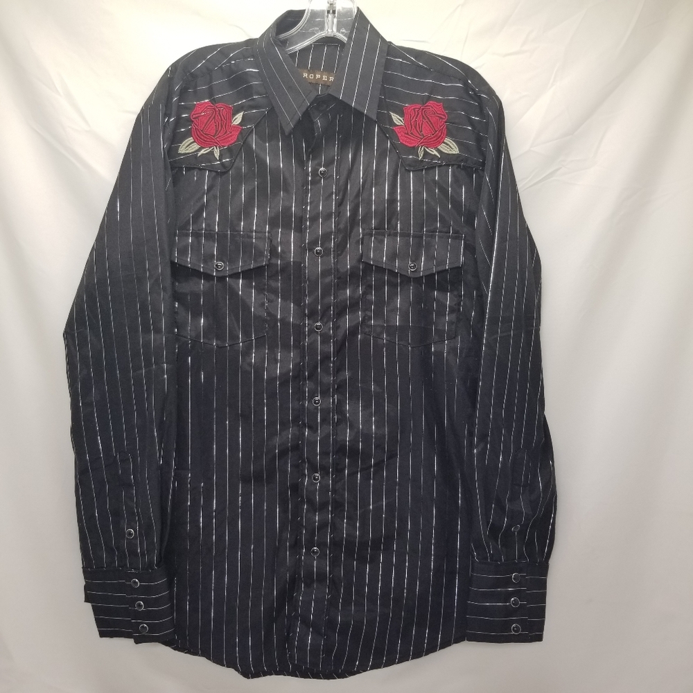 Roper Men Sz L Western Snap Pearl Shirt Black Silver Metallic Stripe Rodeo